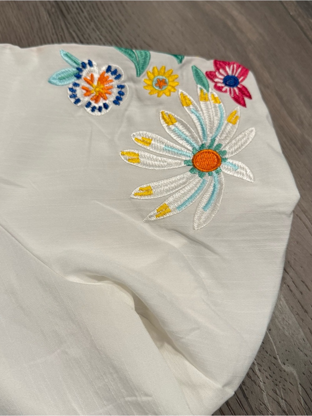 White Embroidered Peasant Blouse with Colorful Floral Sleeves - Picture 3 of 8